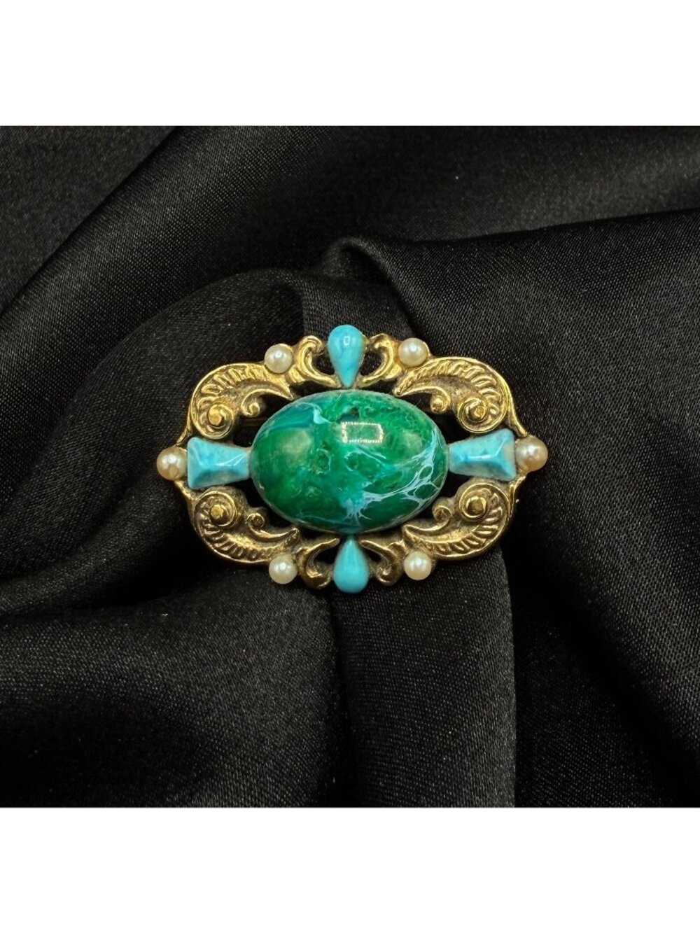 Vintage 1928 Gold-Tone Brooch With Green & Blue Stones